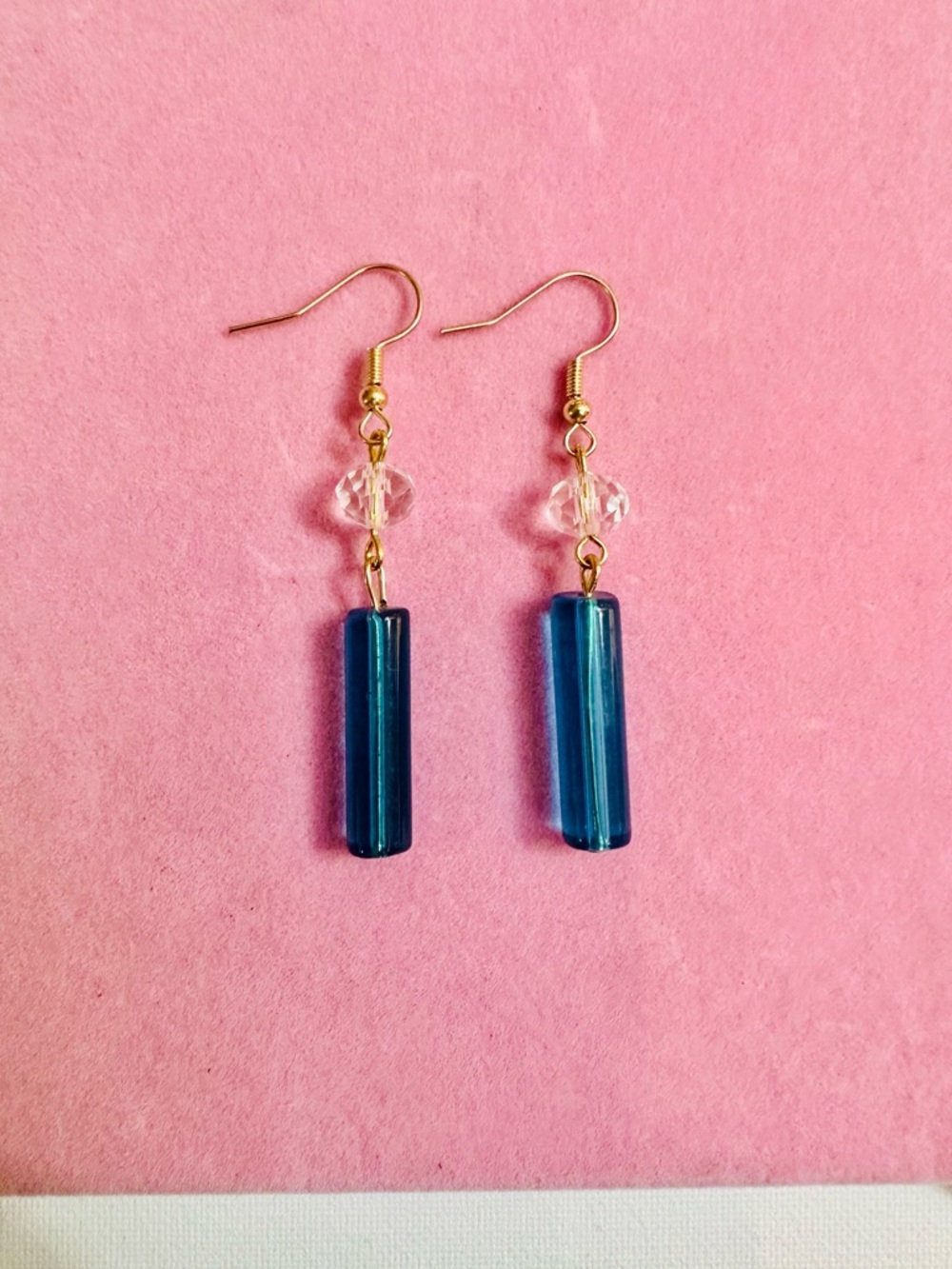 Teal Glass Drop Earrings with Crystal Accent